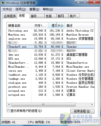 Win7中通过任务管理器直接查看软件所耗虚拟内存