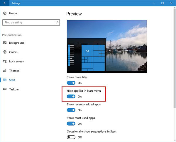 Win10 RS2预览版14942更新内容大全：隐藏开始菜单应用列表
