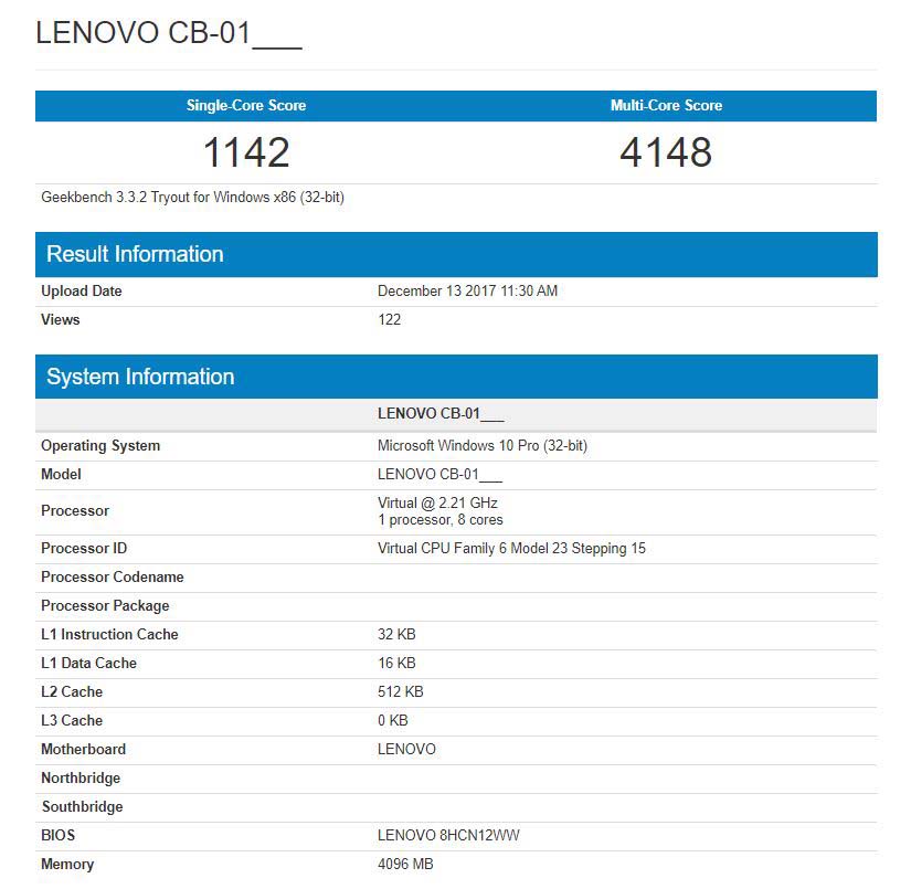 联想骁龙835版win10笔记本跑分曝光 4GB内存超过4000