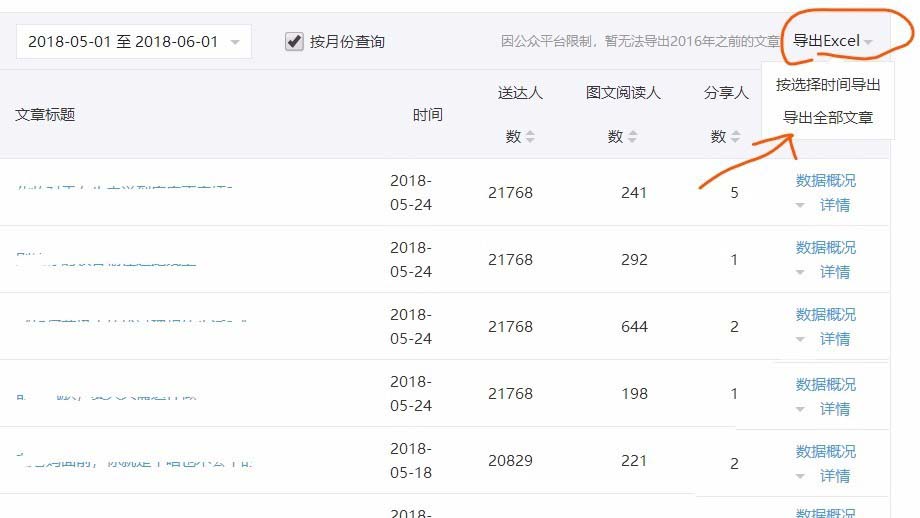 微信公众号怎么快速导出一个月的文章数据?