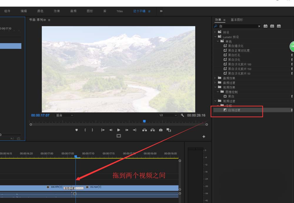 Premiere两个视频怎么添加白场过渡效果?