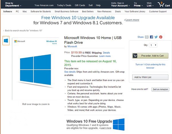 最低745元  U盘版Windows 10提前上架