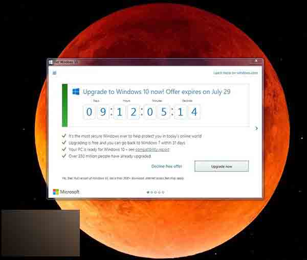 微软Win10免费升级通知开启自毁倒计时模式