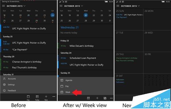 Win10 Mobile/PC版中邮件和日历更新 新增周视图/暗黑主题增强
