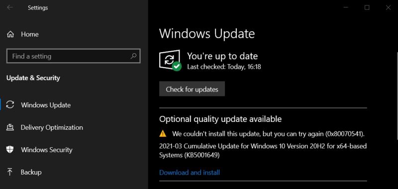 Win10 KB5001649安装失败提示错误代码0x80070541怎么办