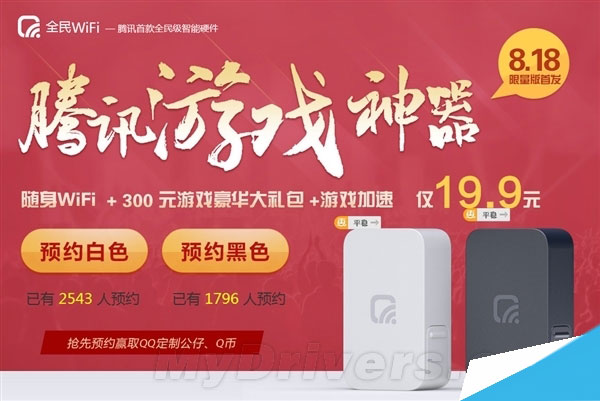 腾讯全民Wi-Fi正式开启预约（8月18日限量首发）　售价19.9元支持游戏加速