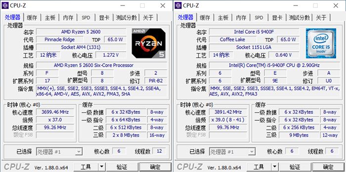 AMD锐龙5 2600和Intel酷睿i5-9400F性能对比测试