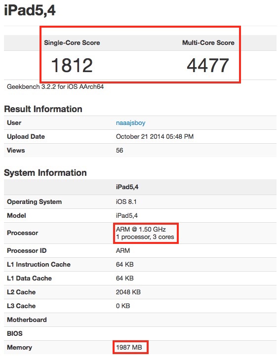 iPad Air 2 跑分出炉 搭载三核 A8X 处理器，2GB 内存