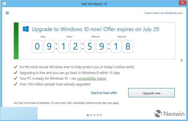 微软在Win7/8.1 GWX上加入免费升级倒计时:快更新Win10