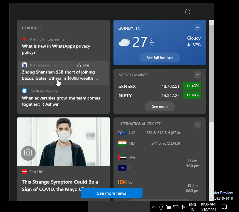 Win10任务栏 &ldquo;新闻和兴趣&rdquo;功能将带至老版本