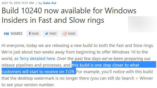 7月29日 Win10 Build 10240离RTM正式版更近一步