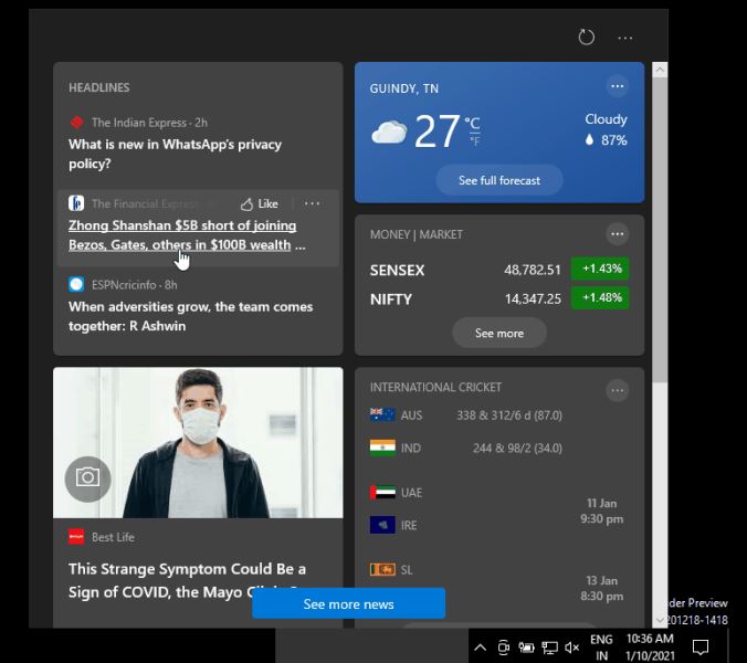 Win10任务栏 &ldquo;新闻和兴趣&rdquo;功能将带至老版本
