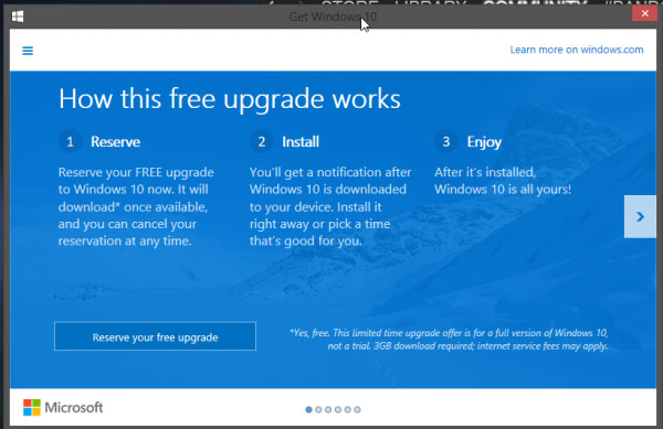 微软向Win7/8用户推送Windows 10免费升级提示