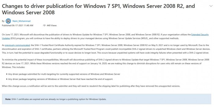 微软官宣:Win7将无法通过Windows Update下载驱动程序