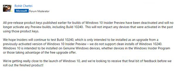 微软确认已停用所有Win10预览版密钥