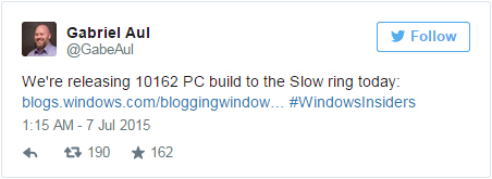 Windows 10 Build 10162向Slow Ring通道推送