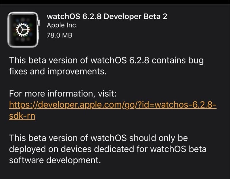 苹果watchOS 6.2.8开发者预览版Beta2推送 提升系统稳定性