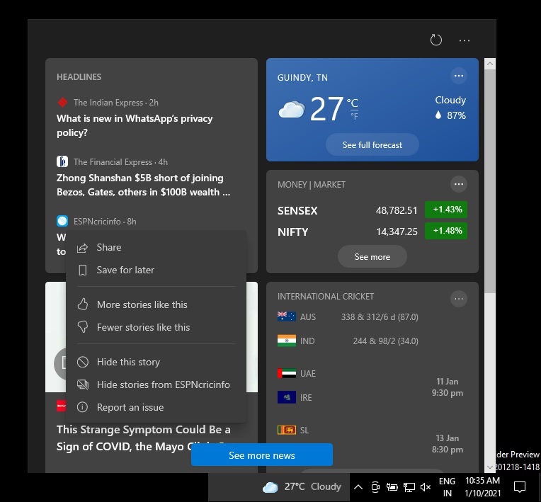Win10任务栏 &ldquo;新闻和兴趣&rdquo;功能将带至老版本