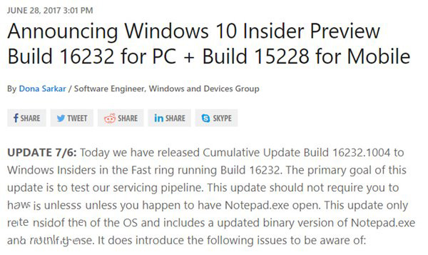 Win10秋季创意者更新16232.1004快速预览版今日推送:附已知问题