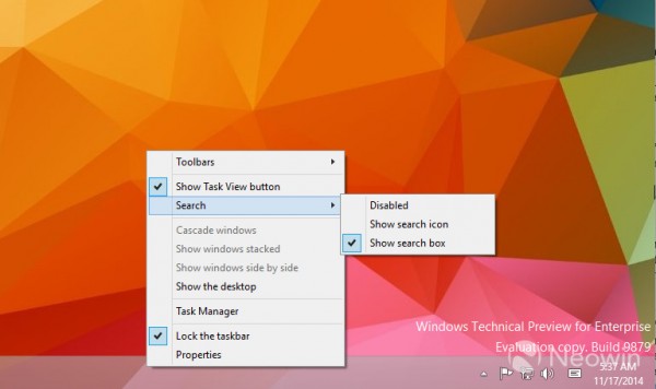 Win10：如何打开Build 9879任务栏当中隐藏的搜索框