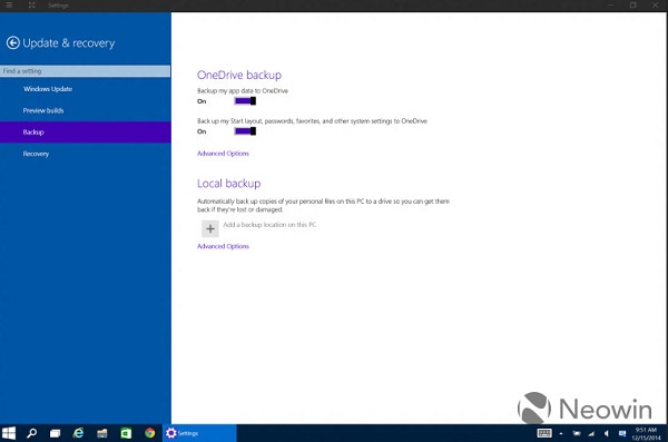 Win10 build 9901中集成OneDrive和完整的系统备份功能