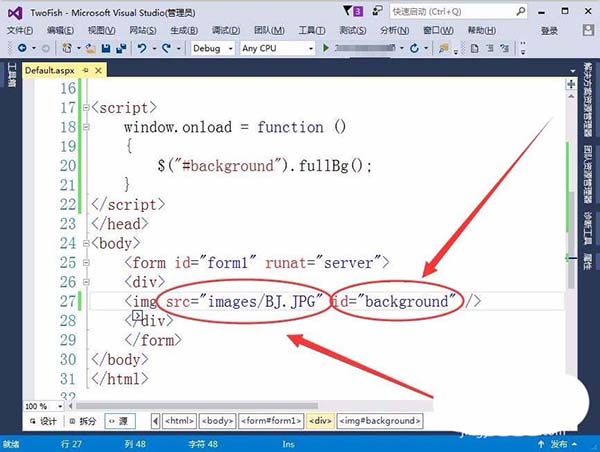 VisualStudio怎么给网页插入全屏显示的背景图片?