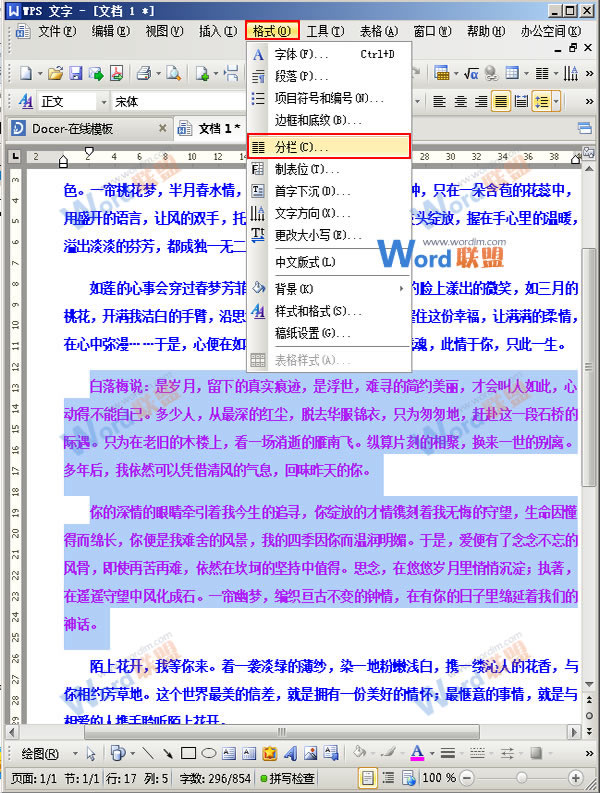WPS文字教你实现文章中局部式的分栏