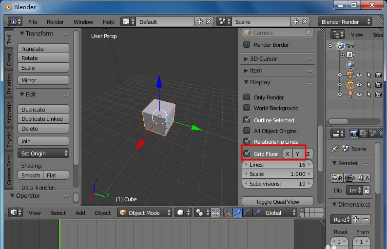 blender怎么设置隐藏场景坐标轴线?