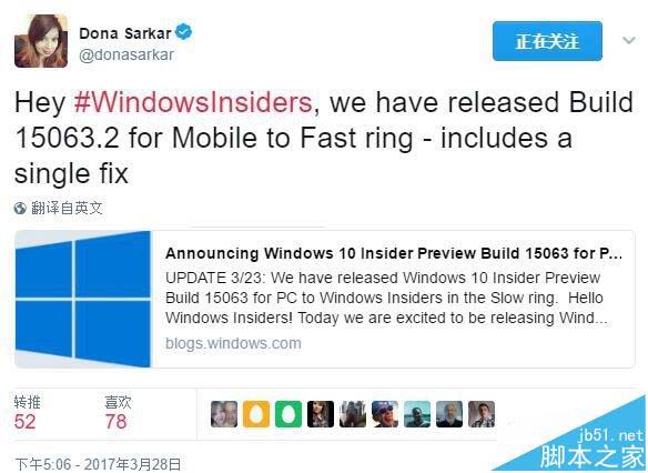 Win10 Mobile创意者更新快速预览版15063.2今日推送