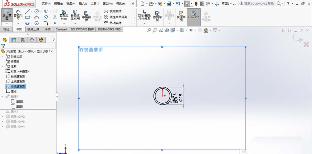 solidworks2017画U型空心管脚?