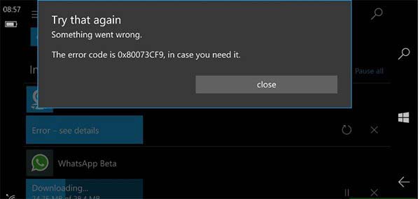 Win10 Mobile预览版14905应用更新出现0x80073cf9错误的解决方法