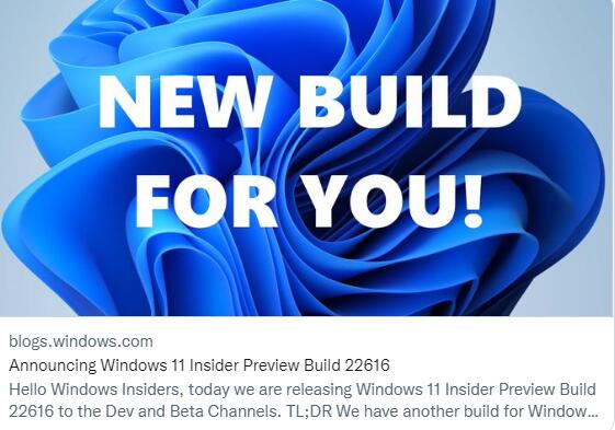 Windows11 22616.100 (KB5014650)发布更新，微软：只是测试使用