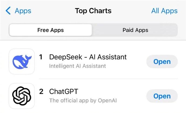 历史首次！DeepSeek同时登顶苹果中美两区App免费榜 下疯了