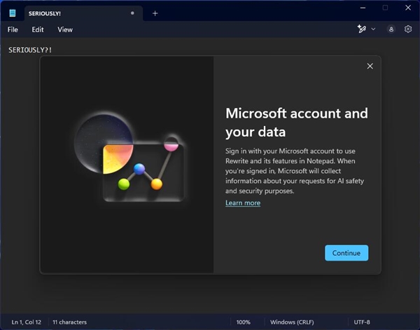网友称Windows 11记事本强迫登陆微软账户:除非你用AI