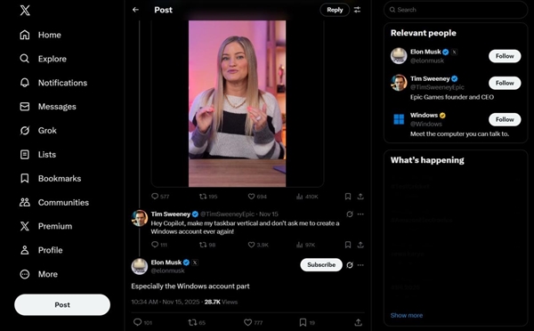 Epic CEO怒批Win11:任务栏不能动、账户强制登!马斯克下场力挺