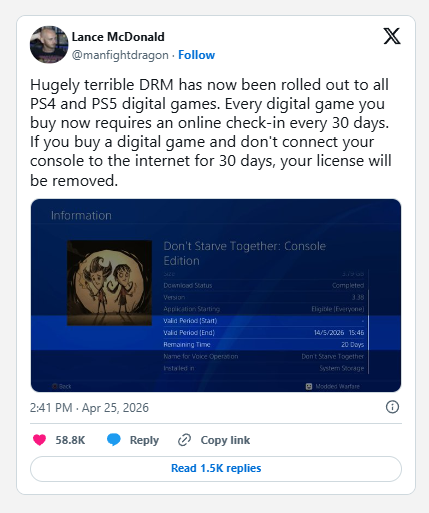 主机历史重演！索尼推行30天强制联网核验 PS离线游玩迎来限制