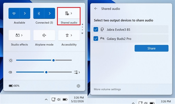 两副耳机同时输出!Windows 11共享音频终于落地:但有前提条件