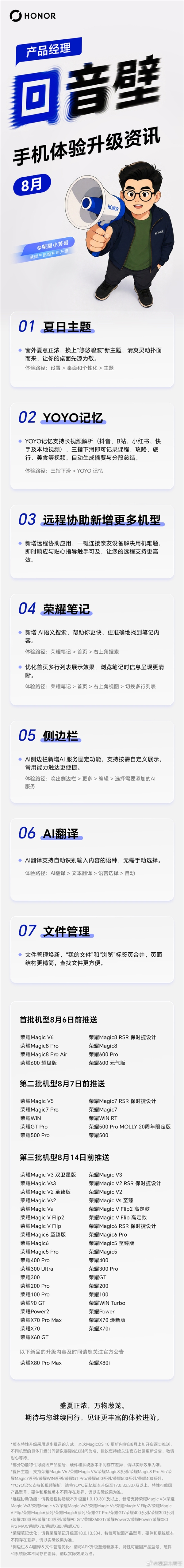 荣耀MagicOS 10 8月更新官宣:7大功能升级 首批机型8月6日前推送