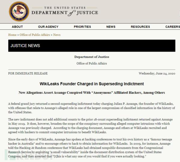 &ldquo;维基解密&rdquo;创始人被追加起诉与黑客合作窃密，或将面临175年监禁
