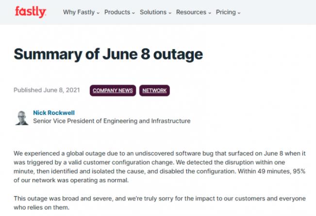 Fastly将全球互联网中断归咎于软件漏洞