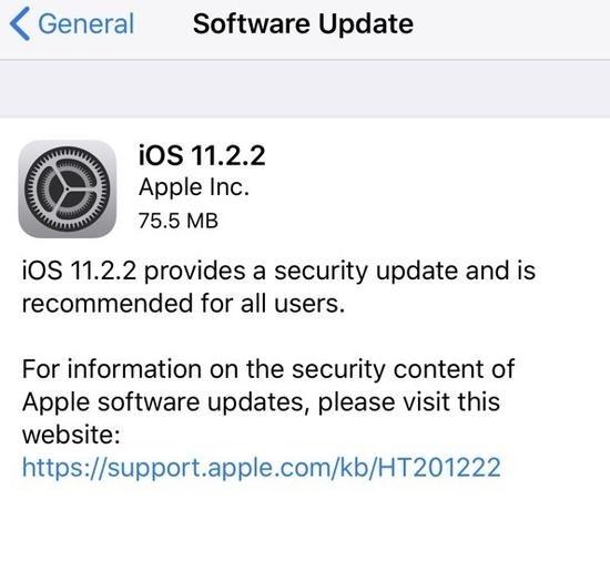 苹果凌晨发布 iOS 11.2.2 更新：修复安全漏洞