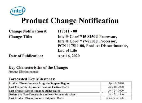 发布才2年半！Intel 14nm八代酷睿U系列全部退役
