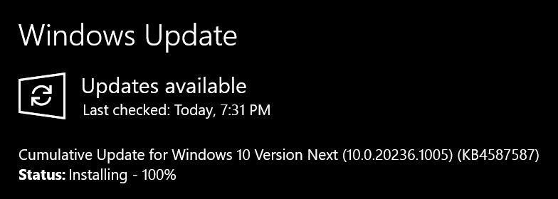 Windows 10 Dev 通道推送 KB4587587 累计更新，版本号 20236.1005