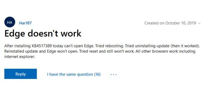 微软Win 10补丁KB4517389再度“搞事情”:Edge无法打开,部分用户安装失败