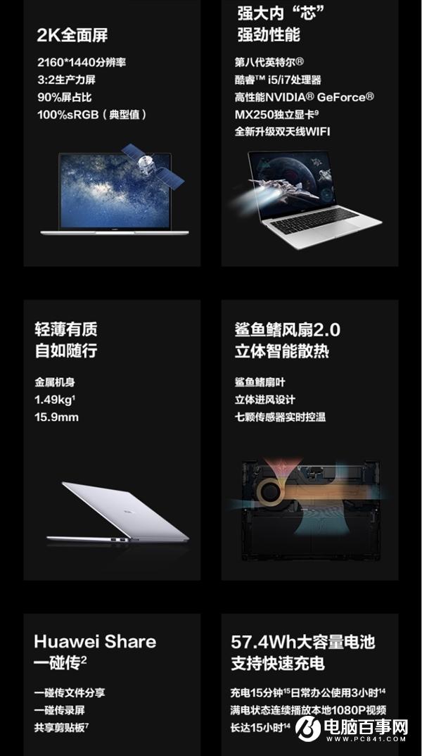华为MateBook 14皓月银首销：2K全面屏/一碰传