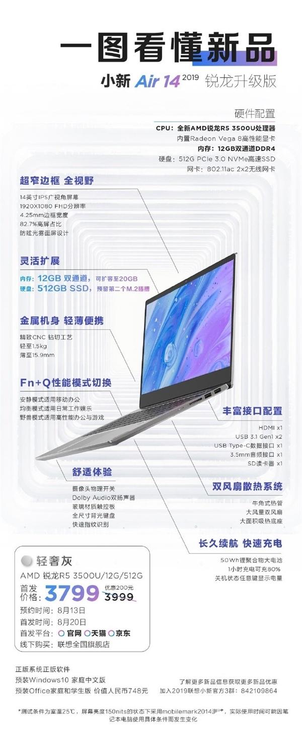 联想小新air142019锐龙版明天发售3799元极具竞争力