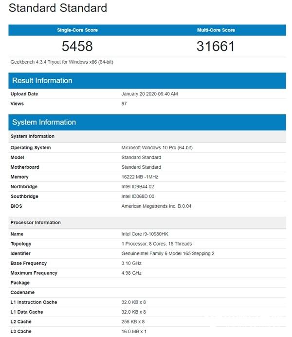 十代酷睿i9-10980HK现身：14nm 8核心频率大涨