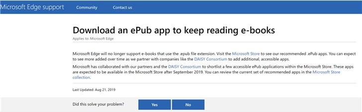 微软宣布：Windows 10 Edge浏览器将停止支持ePub电子书