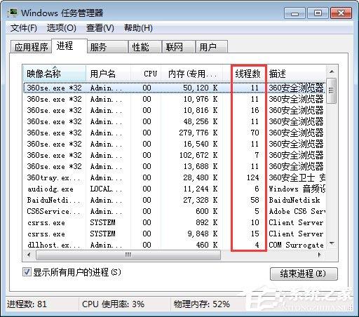 Win7系统下任务管理器怎么查看进程的线程数？